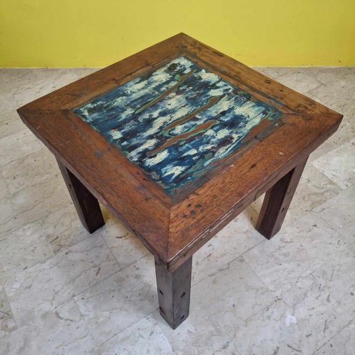 Tavolino in legno teak sgabello etnico quadrato - immagine 2