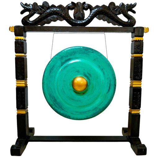 Gong orientale artigianale con stand intagliato
